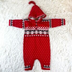 Hanna Andersson Red Fair Isle Hooded Romper 0-3M Nordic Knit Cotton Baby Cute